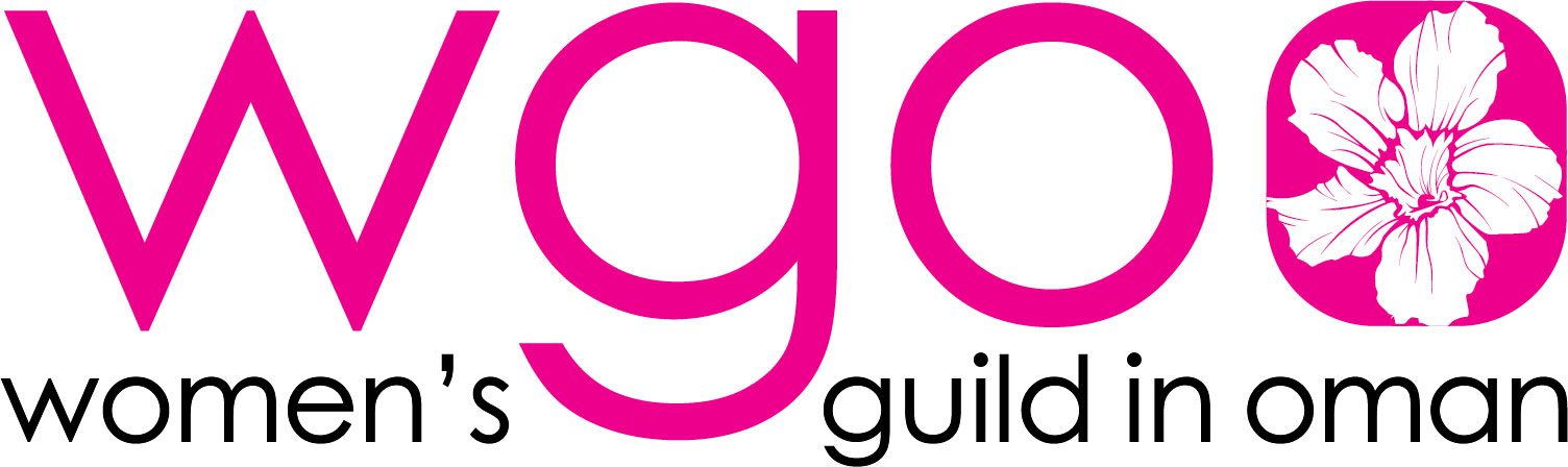Woman's Guild of Oman Logo with the words wgo in lower case in magenta pink with the desert rose icon on the right hand side with women's guild of oman underneath in lower case