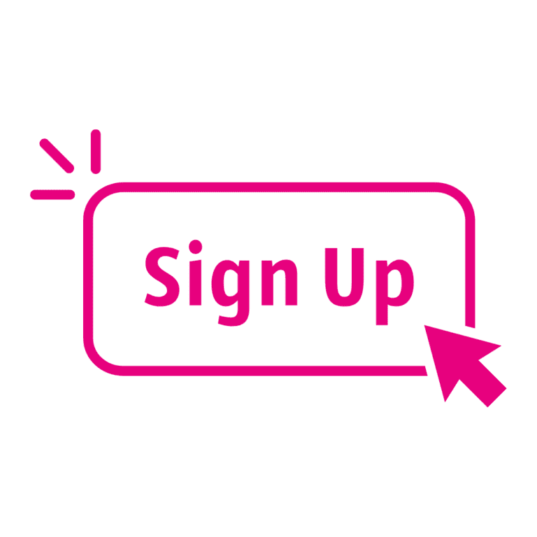 Magenta Sign up with arrow pointing to sign up to join the woman's guild of oman