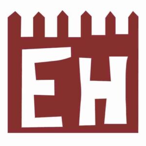 Ethnic Homes EH logo in dark red with crenellated fort design, upcycled and reclaimed furniture and home décor shop at Al Azaiba Mall, Muscat