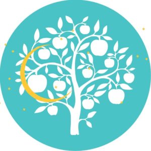 Nourish Kitchen teal circular logo with apple tree, healthy prepared meal delivery service based in Al Khuwair, Muscat