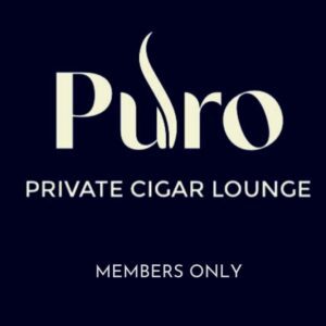 Puro Private Cigar Lounge logo on dark navy background, members-only cigar lounge at The Chedi Muscat