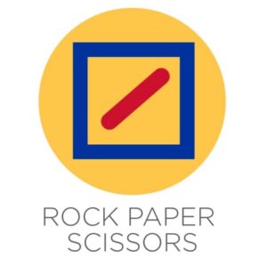 Rock Paper Scissors bold yellow, blue and red geometric logo, creative services business at Madinat al Ilam, Muscat