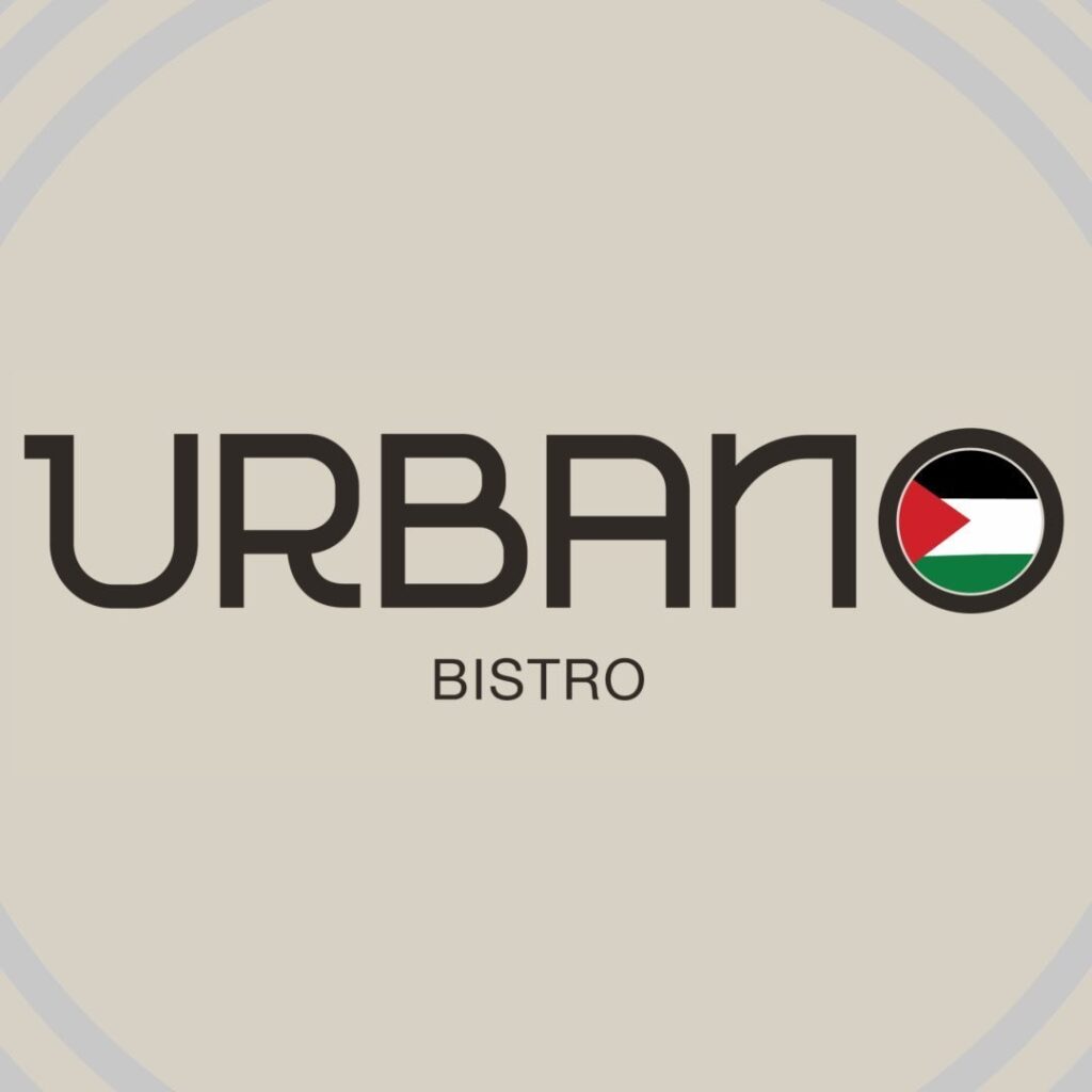 Urbano Bistro logo with Palestinian flag, casual dining bistro with branches in Qurum, Mall of Oman, and Al Araimi Boulevard, Muscat