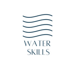 Water Skills logo with dark blue wave lines, swimming and water skills instruction service in Muscat, Oman