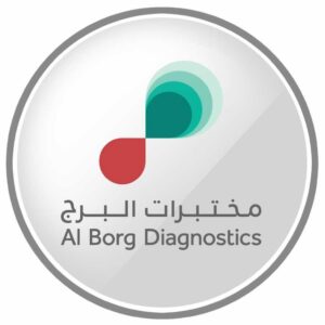 Al Borg Diagnostics circular logo with teal and red droplet design, private medical diagnostic laboratory on 18 November Street, Al Ghubra North, Muscat