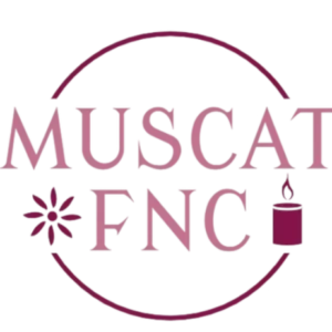 Muscat FnC circular pink logo with flower and candle icons, flowers and candles shop in Al Hail North, Muscat