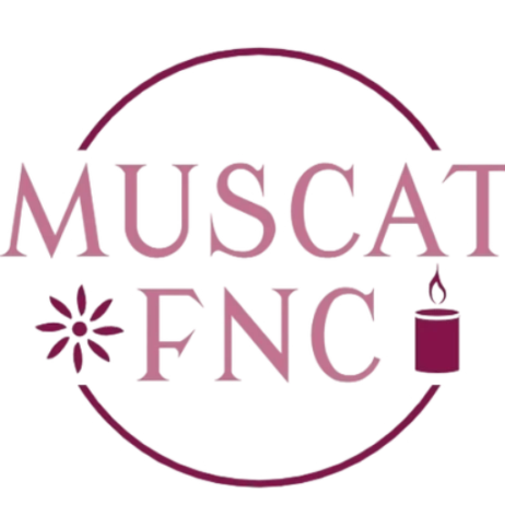 Muscat FnC circular pink logo with flower and candle icons, flowers and candles shop in Al Hail North, Muscat