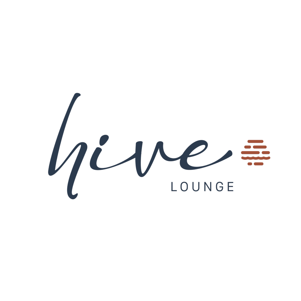 Hive Lounge logo featuring cursive script lettering in slate blue with a stylised honeycomb icon in terracotta