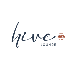 Hive Lounge logo featuring cursive script lettering in slate blue with a stylised honeycomb icon in terracotta