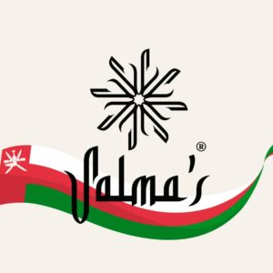 Salma's Chocolates logo with Omani flag ribbon, luxury handmade chocolate brand founded in Muscat in 2009