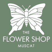 The Flower Shop Muscat green logo with white butterfly, florist and gift boutique at SABCO Commercial Centre, Qurum, Muscat