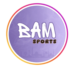 Purple circular logo for BAM Sports with bold white and brown lettering, a children's sports coaching academy operating across multiple locations in Muscat