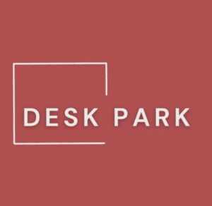 Desk Park logo in white text on a terracotta red background with a partial square outline, co-working space at Al Muzn Mall, Muscat