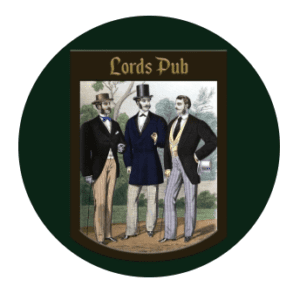 Circular dark green logo for Lords Pub featuring a vintage illustration of three gentlemen in formal Victorian attire, at Al Falaj Hotel, Al Hamriyah, Muscat