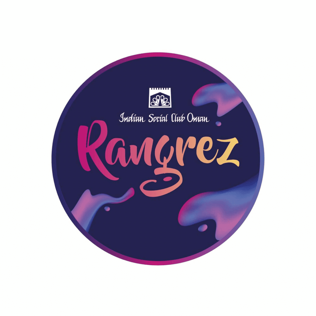 Circular navy and pink logo for Rangrez Oman, an Indian Social Club Oman initiative offering art workshops in Muscat, with colourful fluid design details and script lettering