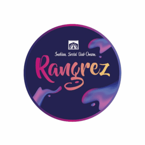 Circular navy and pink logo for Rangrez Oman, an Indian Social Club Oman initiative offering art workshops in Muscat, with colourful fluid design details and script lettering