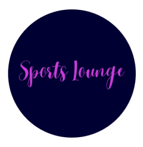 Dark navy circular logo for Sports Lounge with pink cursive lettering, at Al Falaj Hotel, Al Hamriyah, Muscat
