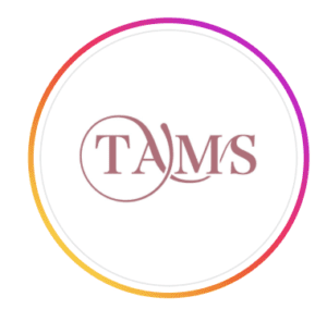 Circular logo for Tams Aerial Arts Academy, with bold pink and orange gradient border and mauve lettering, based in Muscat, Oman