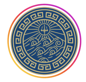 Circular navy and gold logo for Thalassa Greek Restaurant, featuring a trident and ocean waves with a Greek key border, based on Muttrah Corniche, Muscat