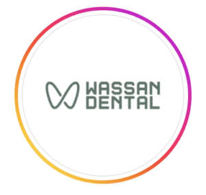Wassan Dental logo in sage green with a stylised tooth icon, inside a pink and orange gradient circle, for Wassan Speciality Dental Centre in Al Khuwair, Muscat