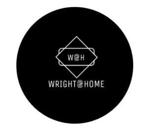 Black circular logo for Wright At Home featuring a geometric diamond shape with the text W@H and Wright@Home in white, Muscat meal kit delivery service