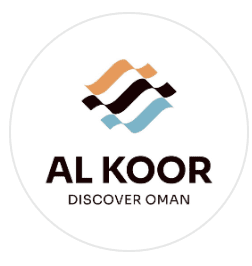 Circular white logo for Al Koor Tourism featuring layered orange, black and teal wave shapes above the text Discover Oman, an online tour operator in Oman