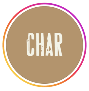 Circular tan and cream logo for CHAR restaurant with distressed lettering, at W Muscat hotel, Shatti Al Qurum, Muscat