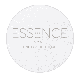 Circular light grey logo for Essence Spa Beauty and Boutique with minimal lettering and pink dot detail, Madinat Al Ilam, Muscat