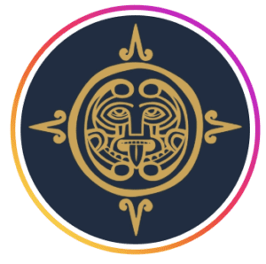 Circular navy and gold logo for COYA restaurant featuring an Aztec sun mask motif with a pink and orange gradient border, at St Regis Al Mouj Muscat