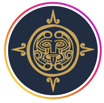 Circular navy and gold logo for COYA restaurant featuring an Aztec sun mask motif with a pink and orange gradient border, at St Regis Al Mouj Muscat