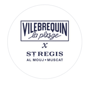 Circular white logo for Vilebrequin la Plage x St Regis Al Mouj Muscat in navy blue, a beach club at the St Regis resort, Al Mouj, Muscat