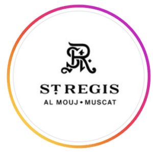 Circular logo for St Regis Al Mouj Muscat featuring the ornate SR monogram and hotel name in black, Al Mouj, Muscat