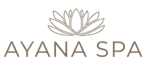 Ayana Spa wordmark in taupe with a delicate lotus flower illustration above the text, a spa in Shatti Al Qurum, Muscat