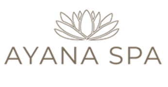 Ayana Spa wordmark in taupe with a delicate lotus flower illustration above the text, a spa in Shatti Al Qurum, Muscat