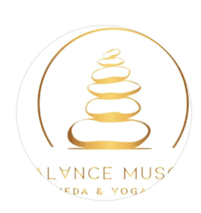 Circular gold and white logo for Balance Muscat Ayurveda and Yoga Centre featuring a stacked stones illustration, Al Khuwair, Muscat