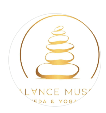 Circular gold and white logo for Balance Muscat Ayurveda and Yoga Centre featuring a stacked stones illustration, Al Khuwair, Muscat