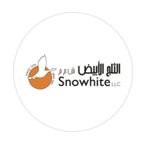 Circular logo for Snowhite LLC featuring an orange and white dove illustration with Arabic and English text, a laundry and soft furnishing cleaning service in Muscat, Oman