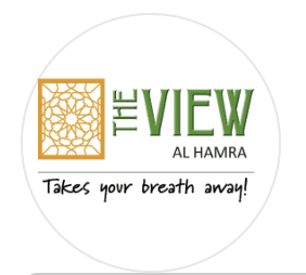Circular logo for The View Al Hamra featuring green and gold lettering with a decorative Islamic geometric pattern, Al Hamra, Oman
