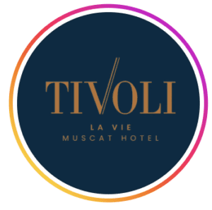Circular navy and gold logo for Tivoli La Vie Muscat Hotel with elegant serif lettering, Madinat Al Irfan, Muscat