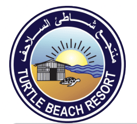Circular navy and gold logo for Turtle Beach Resort featuring a beach hut, ocean waves, sun, and a turtle illustration with Arabic and English text, Ras Al Hadd, Oman
