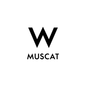 Black and white W Muscat wordmark logo with bold geometric W above the hotel name, at Shatti Al Qurum, Muscat