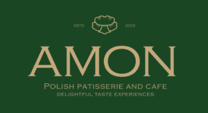 Dark green and gold logo for Amon Polish Patisserie and Cafe, established 2023, with a croissant illustration and elegant serif lettering, Al Khuwair, Muscat