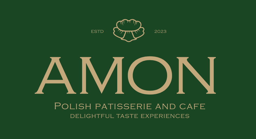 Dark green and gold logo for Amon Polish Patisserie and Cafe, established 2023, with a croissant illustration and elegant serif lettering, Al Khuwair, Muscat