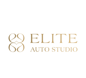 Black and gold Elite Auto Studio logo featuring an ornate interlocking monogram and elegant serif lettering, a luxury car detailing studio near Airport Heights, Muscat