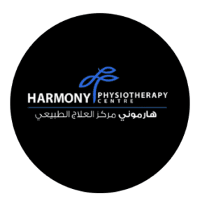 Circular black logo for Harmony Physiotherapy Centre with white and blue lettering and Arabic text, near 18th November Street, Azaiba, Muscat