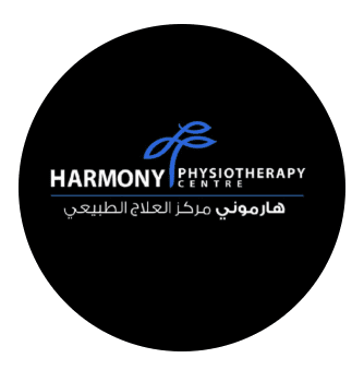 Circular black logo for Harmony Physiotherapy Centre with white and blue lettering and Arabic text, near 18th November Street, Azaiba, Muscat