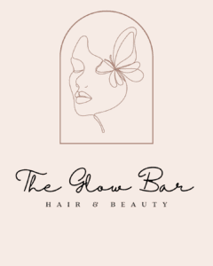 Blush pink logo for The Glow Bar Hair and Beauty featuring a delicate line art illustration of a woman's face with a butterfly, in Boushar, Muscat