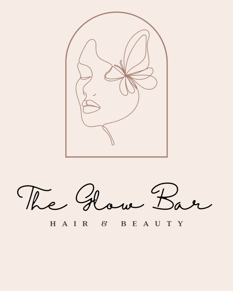 Blush pink logo for The Glow Bar Hair and Beauty featuring a delicate line art illustration of a woman's face with a butterfly, in Boushar, Muscat