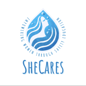 Blue watercolour drop logo for SheCares featuring a woman's silhouette and the tagline Empowering Women Through Safety Education, a swim and wellness organisation in Muscat
