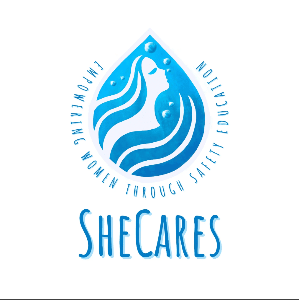 Blue watercolour drop logo for SheCares featuring a woman's silhouette and the tagline Empowering Women Through Safety Education, a swim and wellness organisation in Muscat